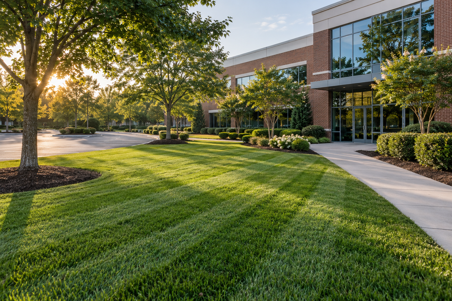 Freshly maintained commercial property with striped turf and precise edging