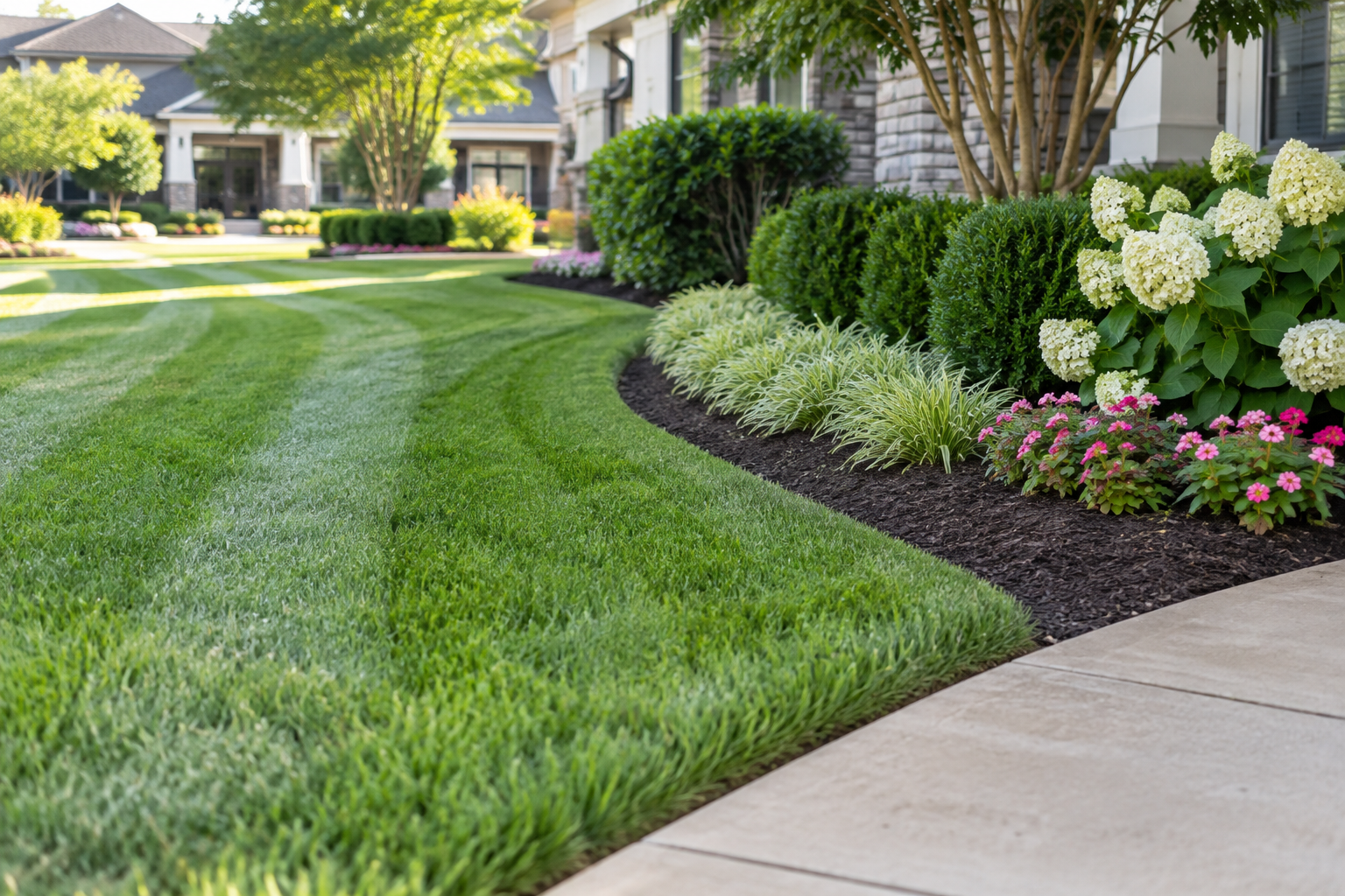 Precisely edged lawn and freshly detailed planting bed at a managed property