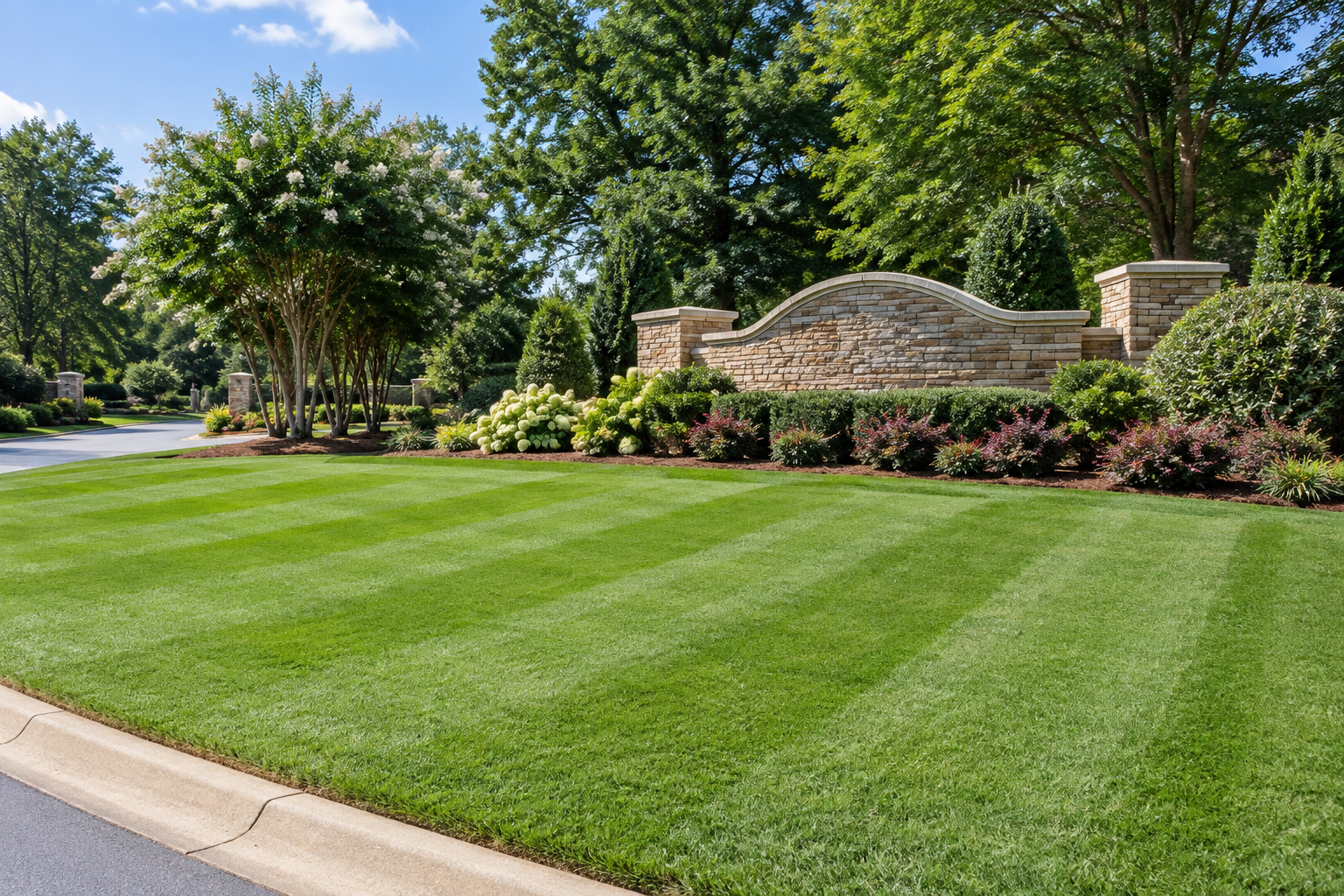 Freshly maintained HOA entrance with striped turf and detailed landscape beds