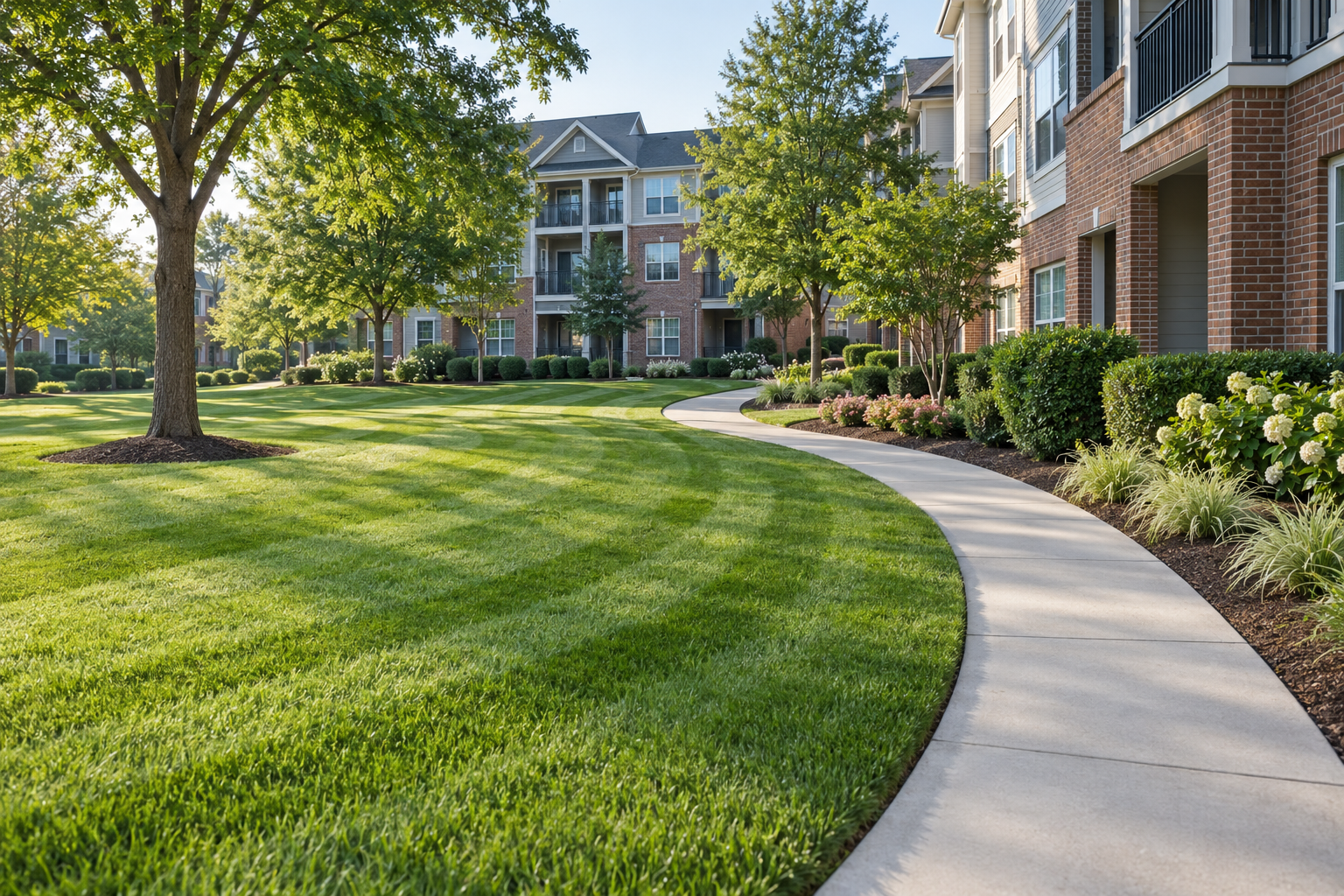 Freshly maintained multifamily grounds with striped turf and clean walkways